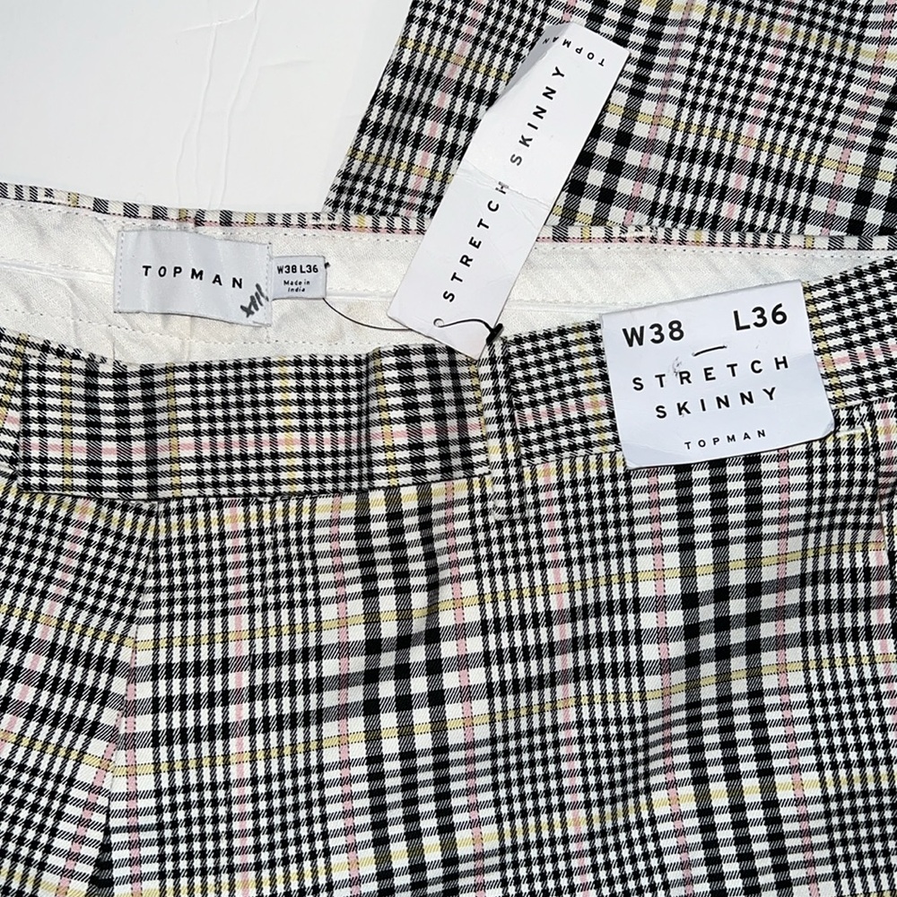 Topman Pants Mens W38 L36 Stretch Skinny Plaid Printed Trouser Business Casual - Picture 7 of 10